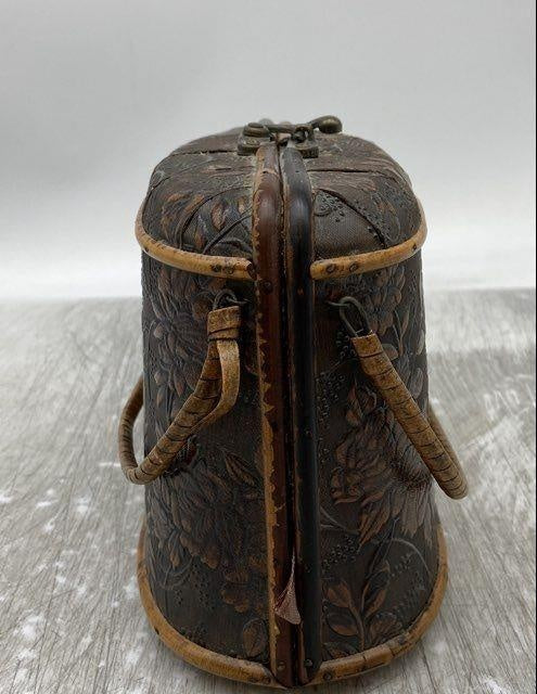 Vintage Floral Brown Wood Top Handle Bag | Box-Style Handbag Purse