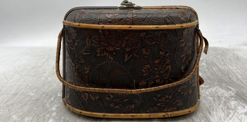 Vintage Floral Brown Wood Top Handle Bag | Box-Style Handbag Purse