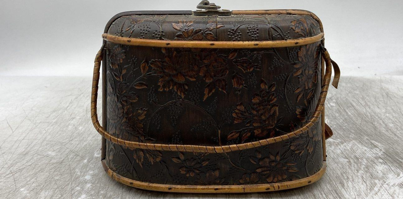 Vintage Floral Brown Wood Top Handle Bag | Box-Style Handbag Purse