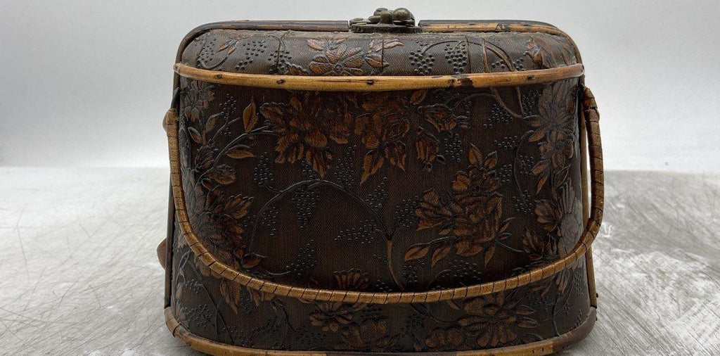 Vintage Floral Brown Wood Top Handle Bag | Box-Style Handbag Purse