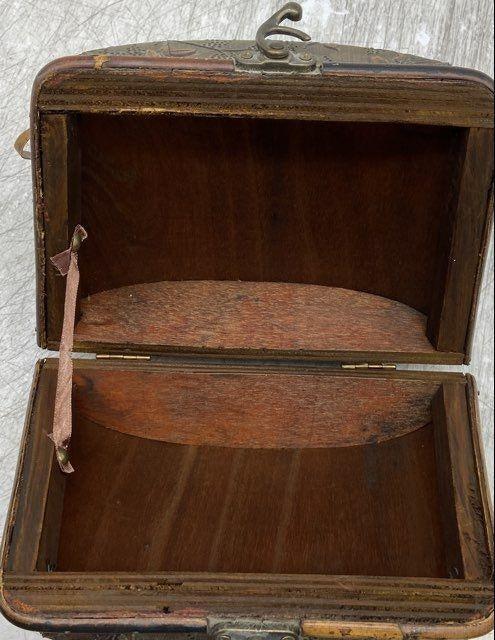 Vintage Floral Brown Wood Top Handle Bag | Box-Style Handbag Purse