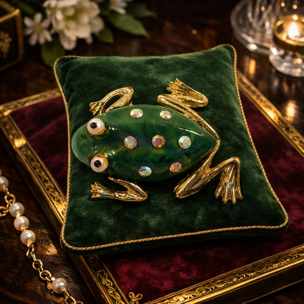 Jelly belly style frog brooch with translucent green body, gold-tone legs and clear rhinestones