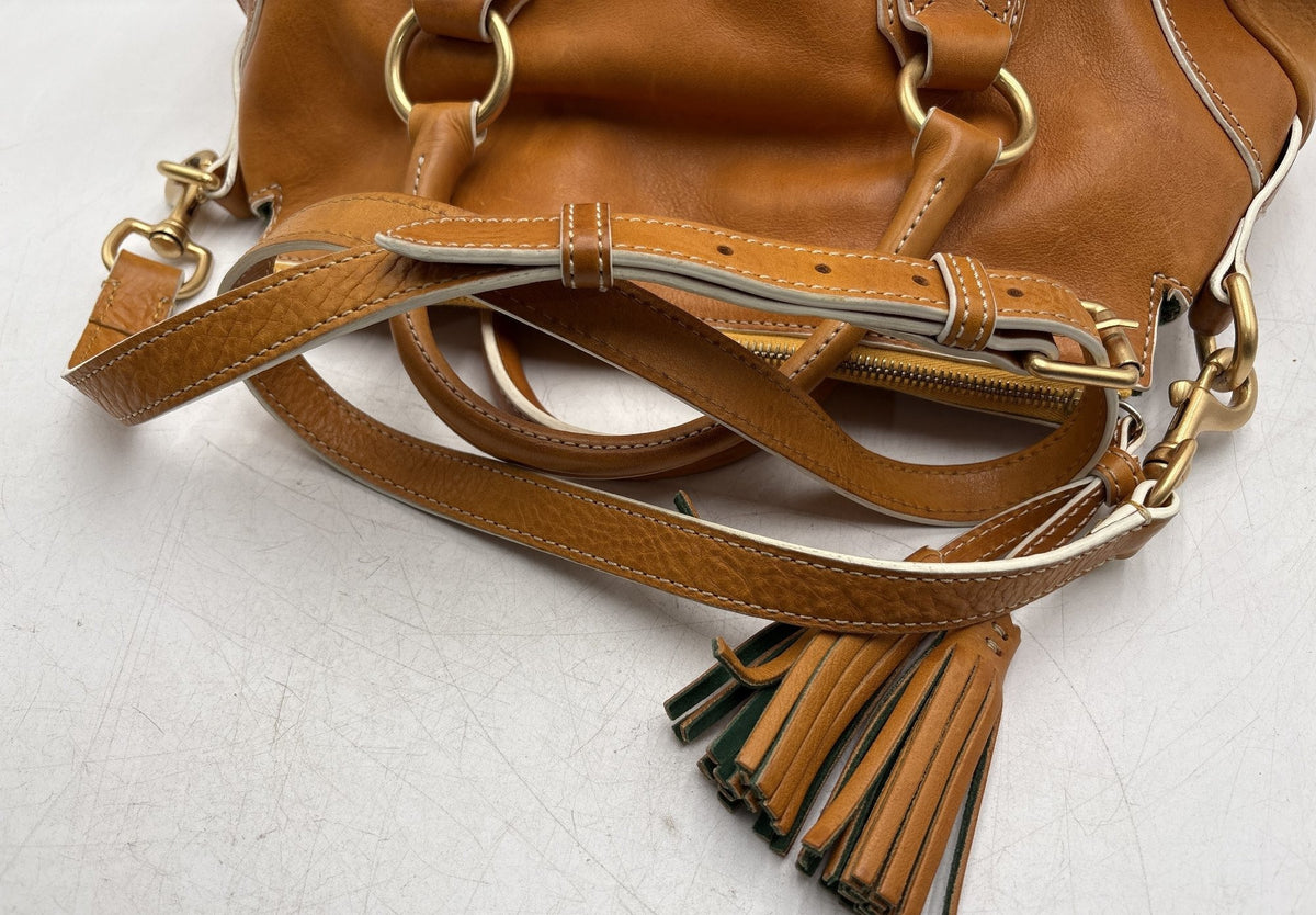 Dooney and Bourke caramel brown leather satchel with brass-tone hardware and rolled handles, view 8