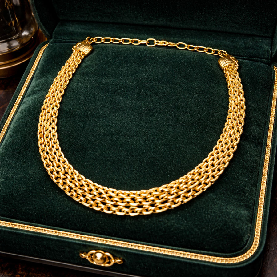 1980s–1990s Gold Tone Multi-Strand Chain Necklace, Unsigned Statement Collar Necklace, Classic Estate Layered Chain Jewelry
