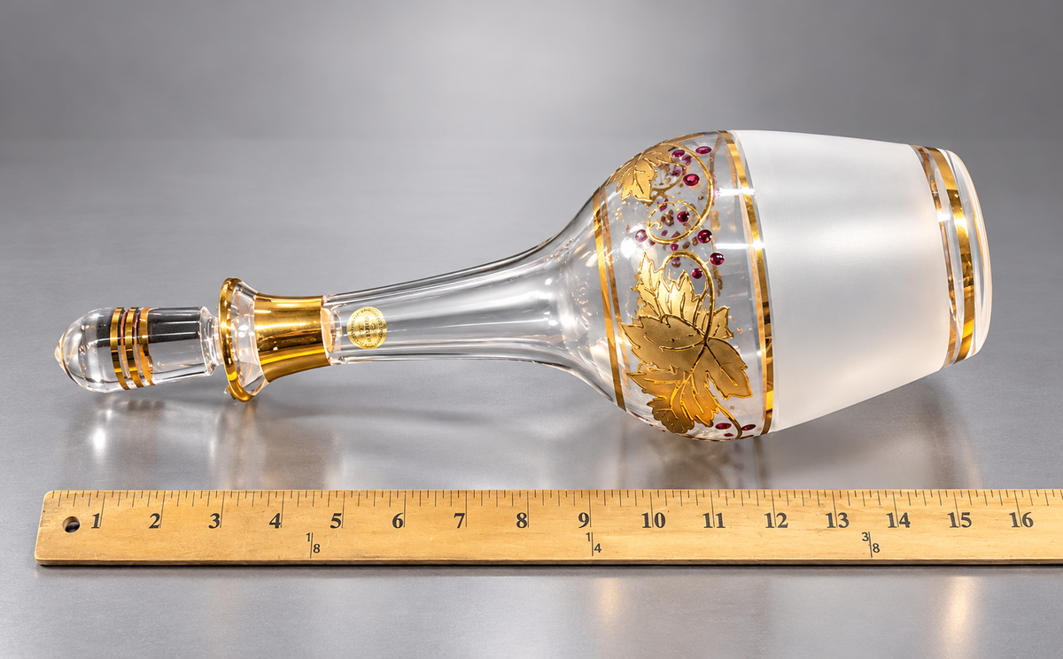 Frosted glass decanter and four cordial glasses with gold grape leaves and purple berries, view 6