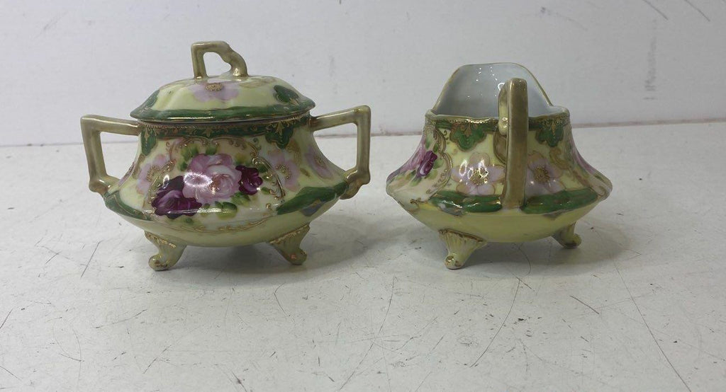 Hand-Painted Floral Footed Porcelain Sugar Bowl & Creamer Set | Vintage Pink Rose Tableware
