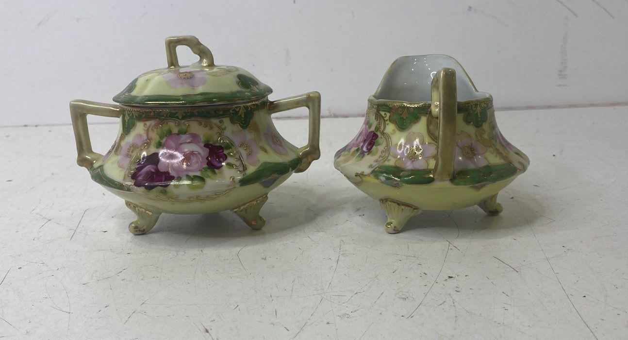 Hand-Painted Floral Footed Porcelain Sugar Bowl & Creamer Set | Vintage Pink Rose Tableware