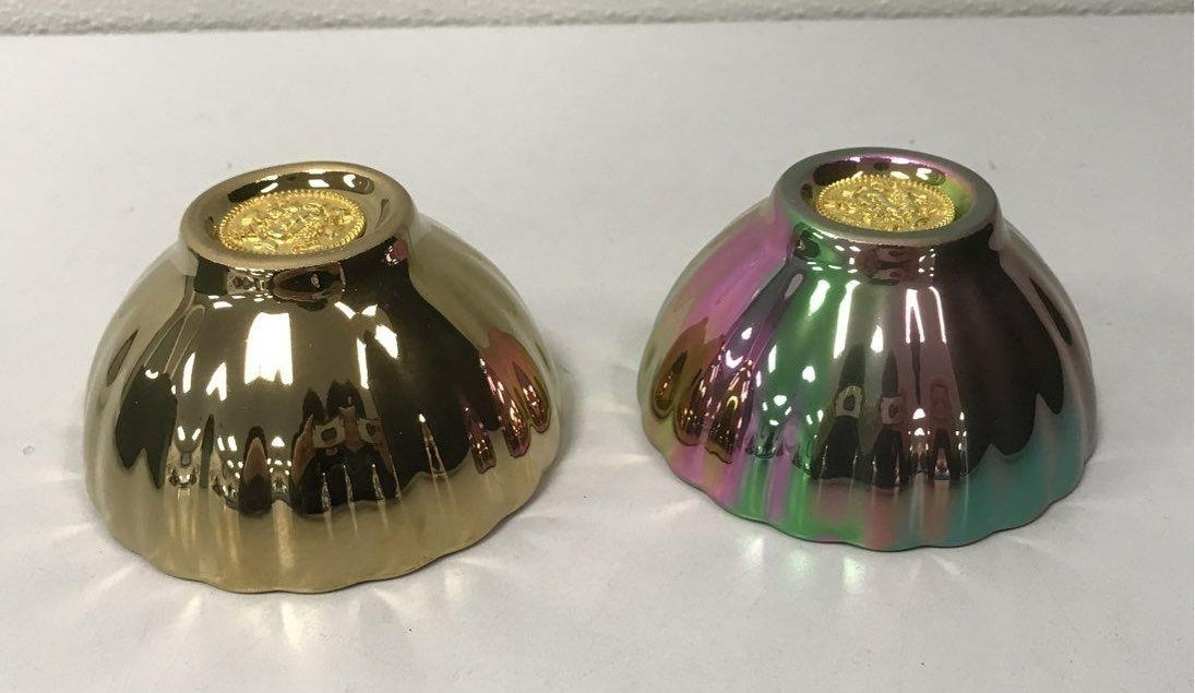 Peacock Gold Silver Multicolor Ceramic Cup Set of 2 in Box | 3.5" Decorative Trinket Bowls