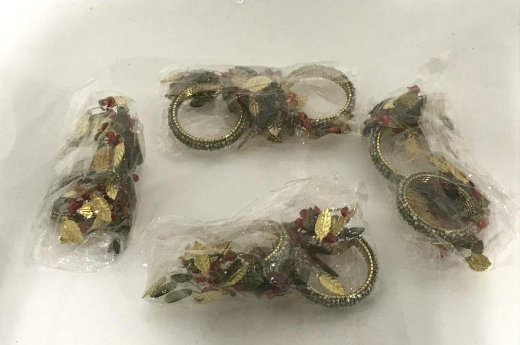 AGE REVIEW Set of 8 Gold Tone Green and Red Beaded Napkin Rings with Leaf Accents