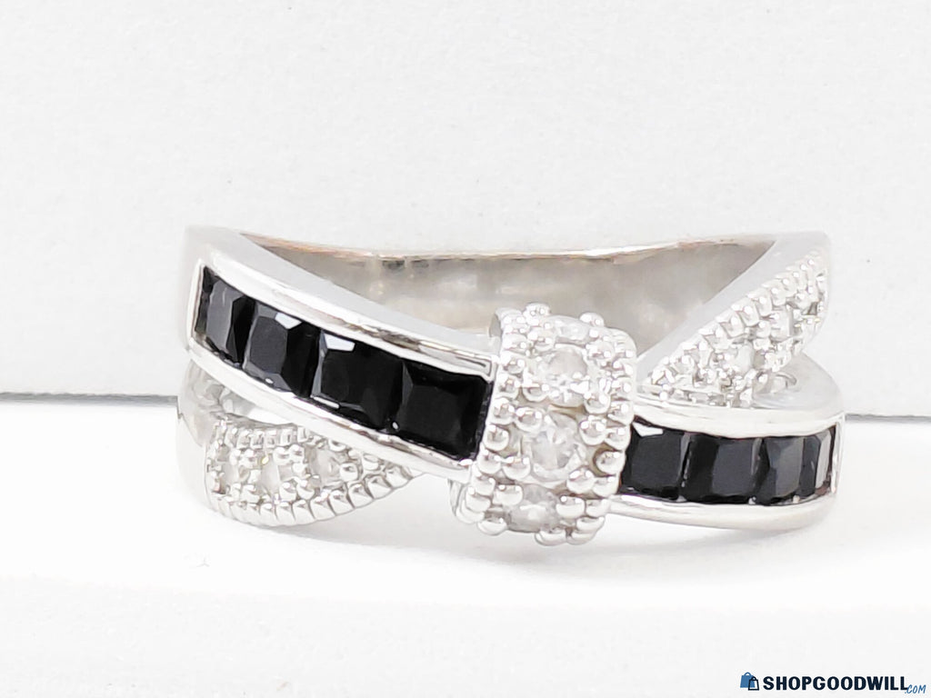 925 Silver Clear & Black Glass Crossover Ring Size 8.5