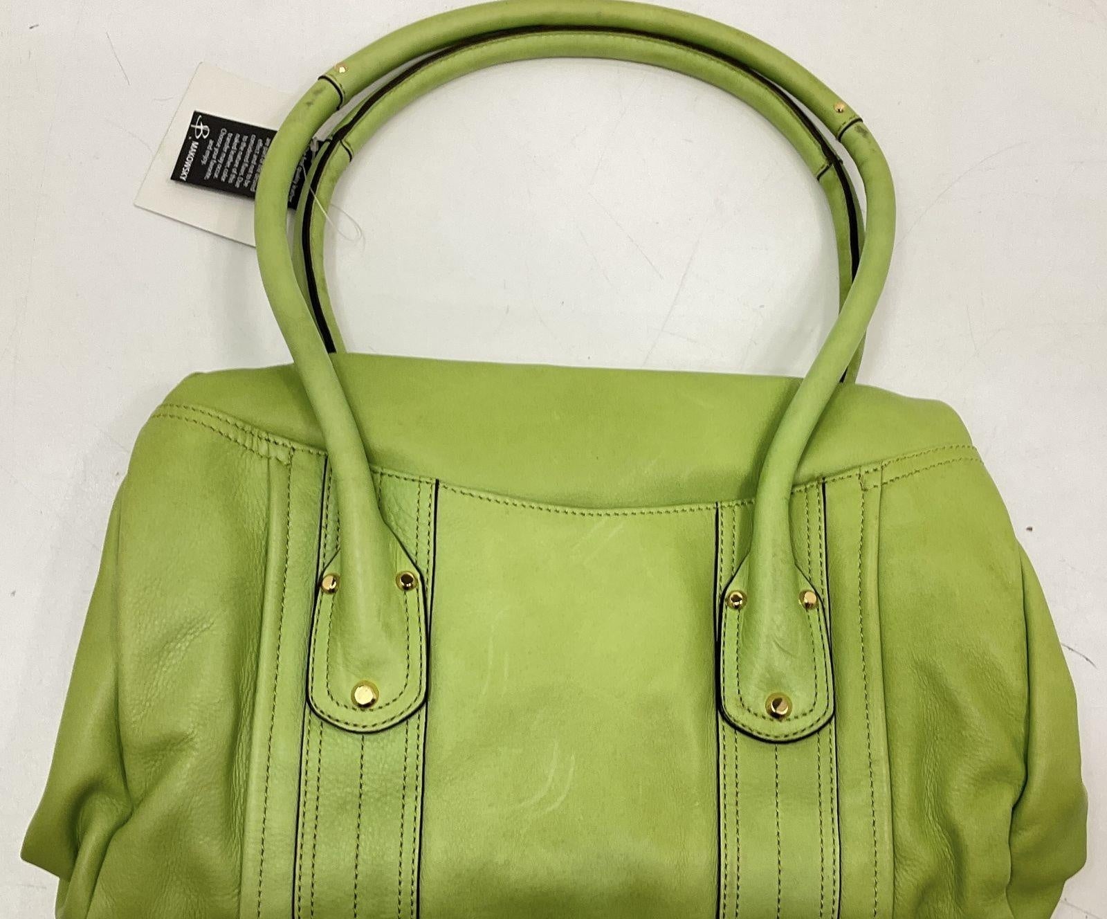 B. Makowsky Rockefeller Satchel in Pistachio Green Leather, Turnlock Shoulder Handbag