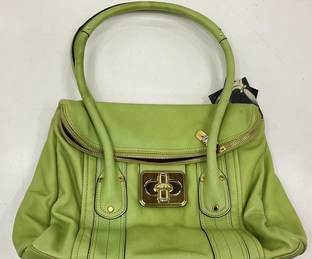 B. Makowsky Rockefeller Satchel in Pistachio Green Leather, Turnlock Shoulder Handbag