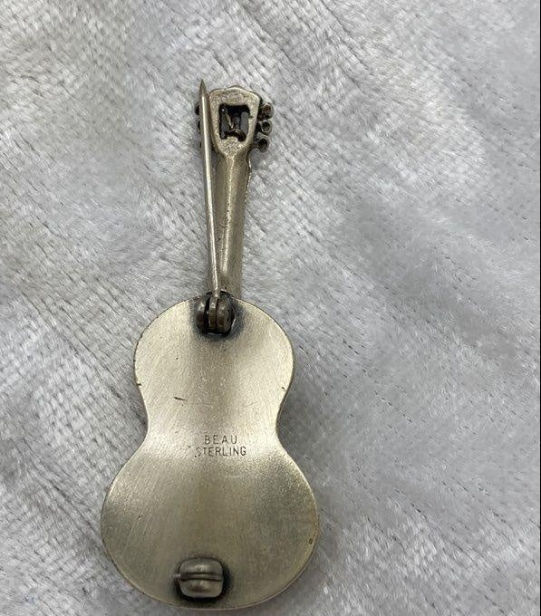 1950s–1960s Beau Signed Sterling Silver Acoustic Guitar Brooch Pin 5.83g