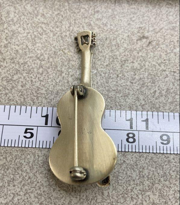 1950s–1960s Beau Signed Sterling Silver Acoustic Guitar Brooch Pin 5.83g