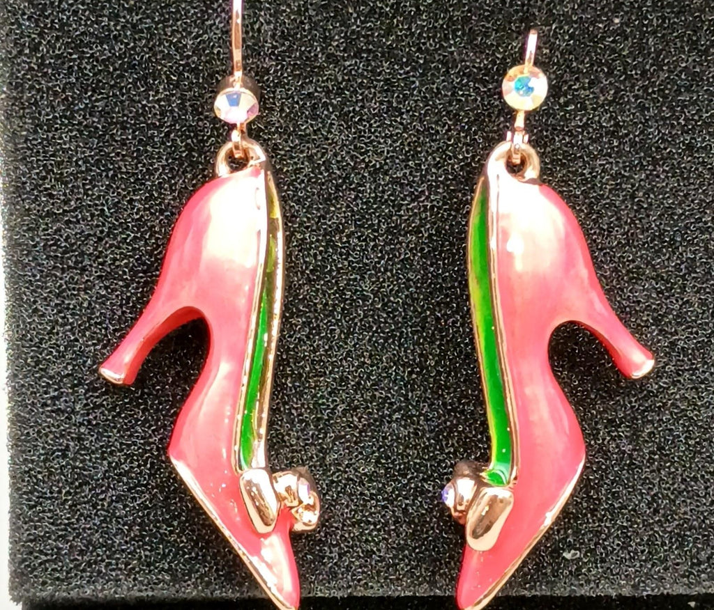 Butler & Wilson Pink Enamel High Heel Shoe Earrings in Original Box | Crystal Designer Statement Dangle Earrings
