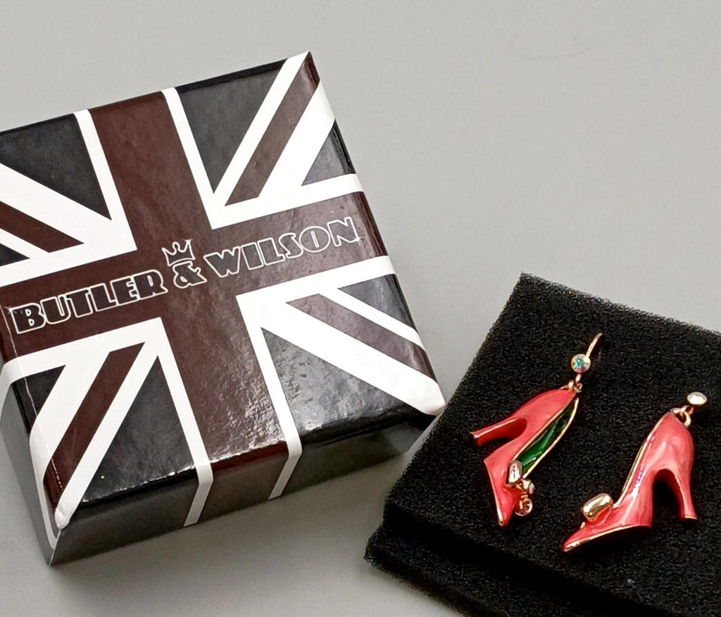 Butler & Wilson Pink Enamel High Heel Shoe Earrings in Original Box | Crystal Designer Statement Dangle Earrings