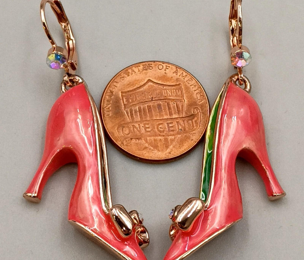 Butler & Wilson Pink Enamel High Heel Shoe Earrings in Original Box | Crystal Designer Statement Dangle Earrings