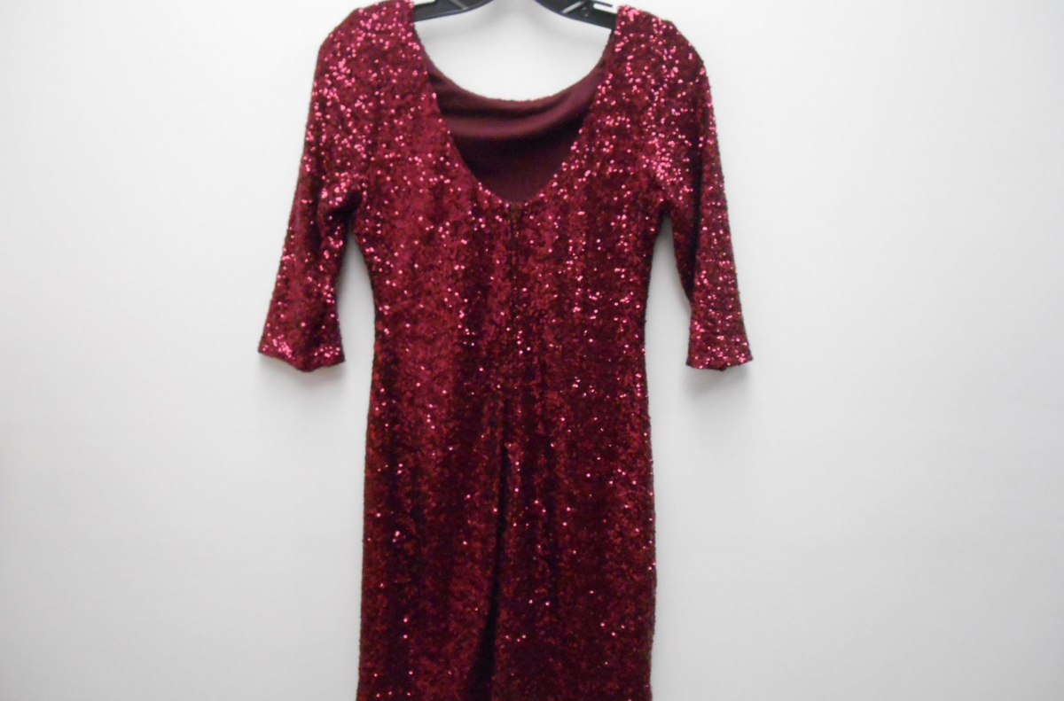 Burgundy allover sequin bodycon cocktail dress with three-quarter sleeves, view 3