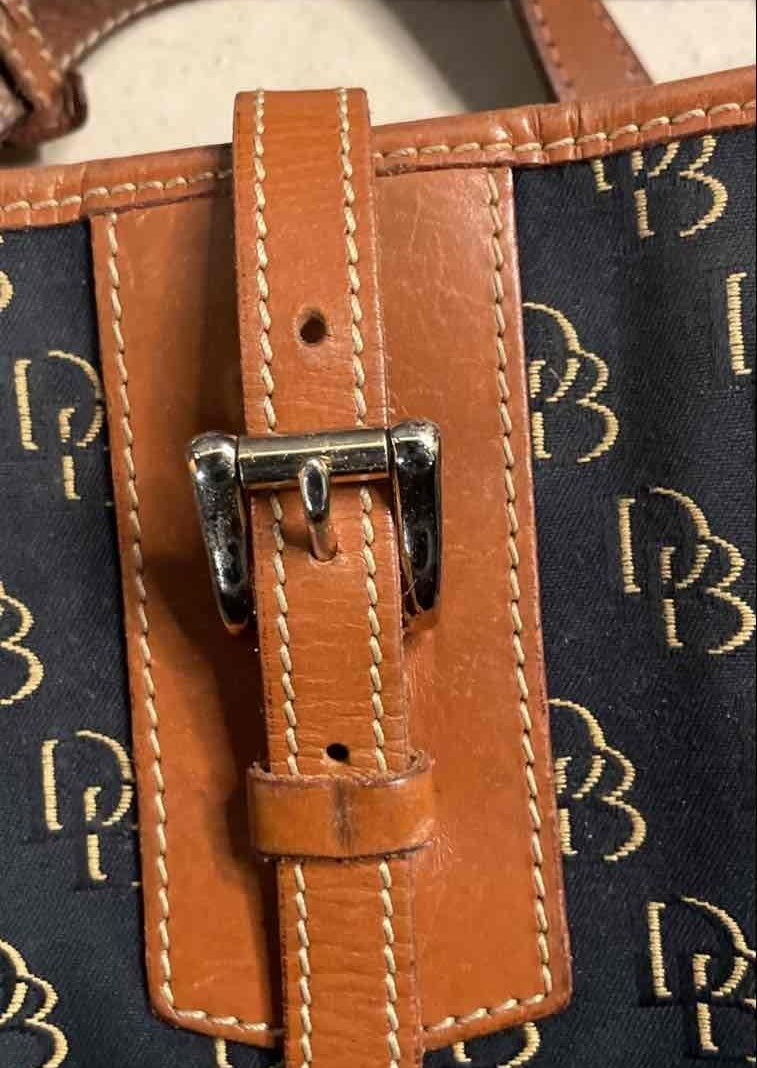 Dooney and Bourke DB monogram coated canvas shopper tote with tan leather trim, view 3
