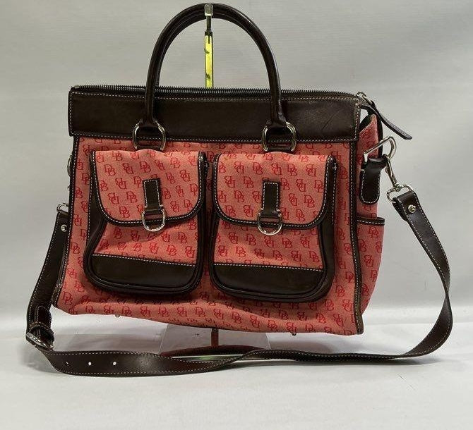 Dooney and Bourke Watermelon DB Monogram Jacquard Satchel | Pink Canvas and Leather Shoulder Handbag