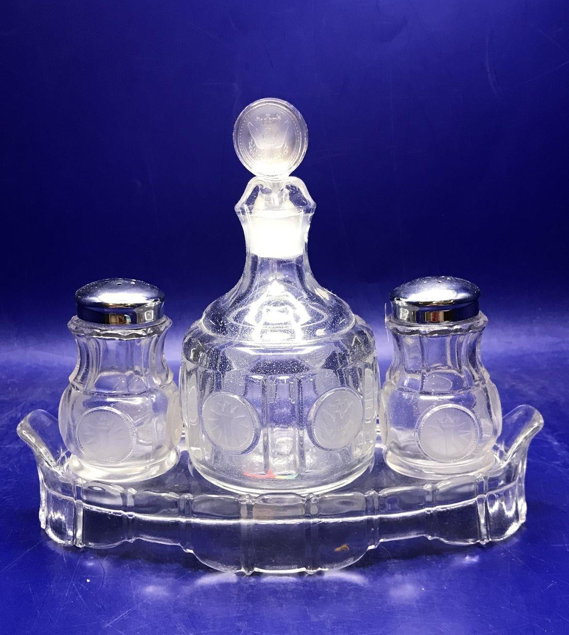 Vintage Fostoria Glass Condiment Set | Crystal Cruet Bottles & Covered Relish Server