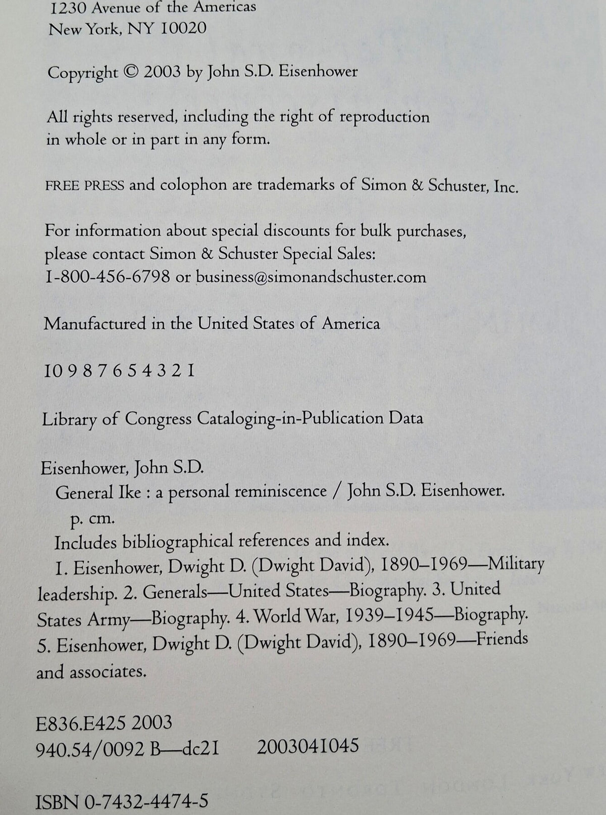 General Ike A Personal Reminiscence by John S. D. Eisenhower, 2003 Free Press hardcover with signed bookplate, view 4