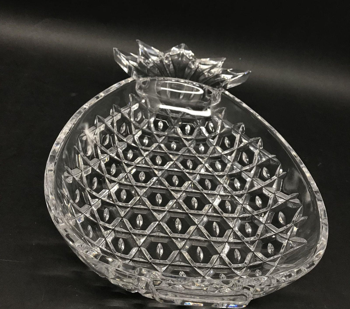 Clear pressed glass pineapple-shaped server with leafy top, view 7
