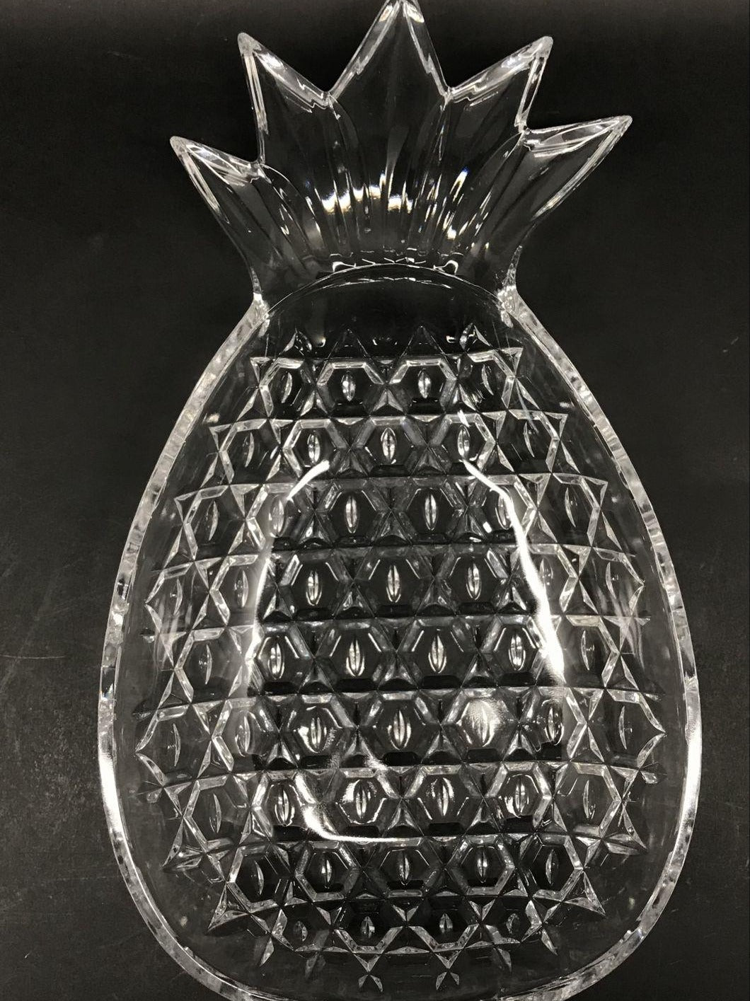 Clear pressed glass pineapple-shaped server with leafy top, view 2