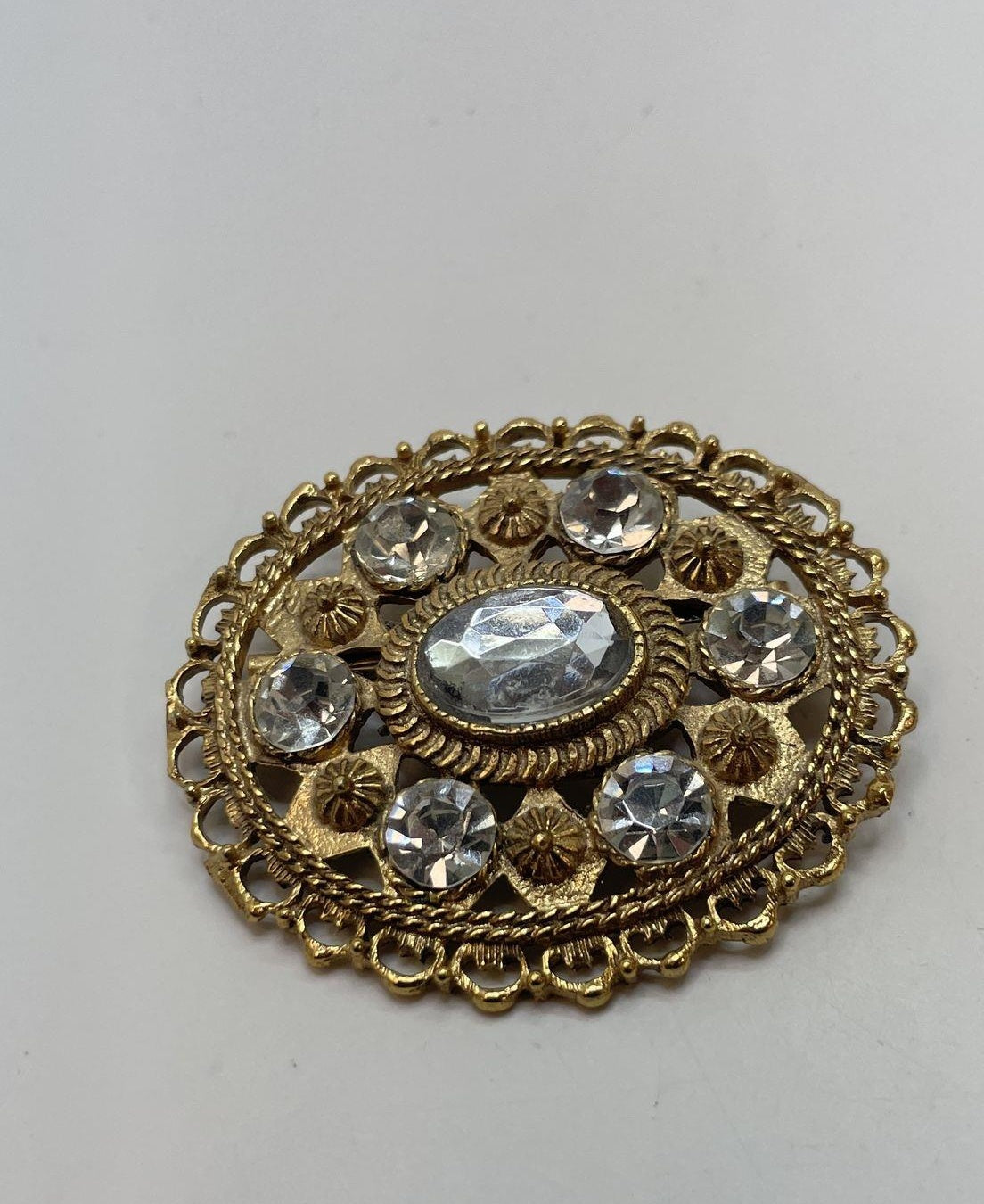 Vintage Gold Tone Domed Rhinestone Brooch Oval Filigree Statement Pin