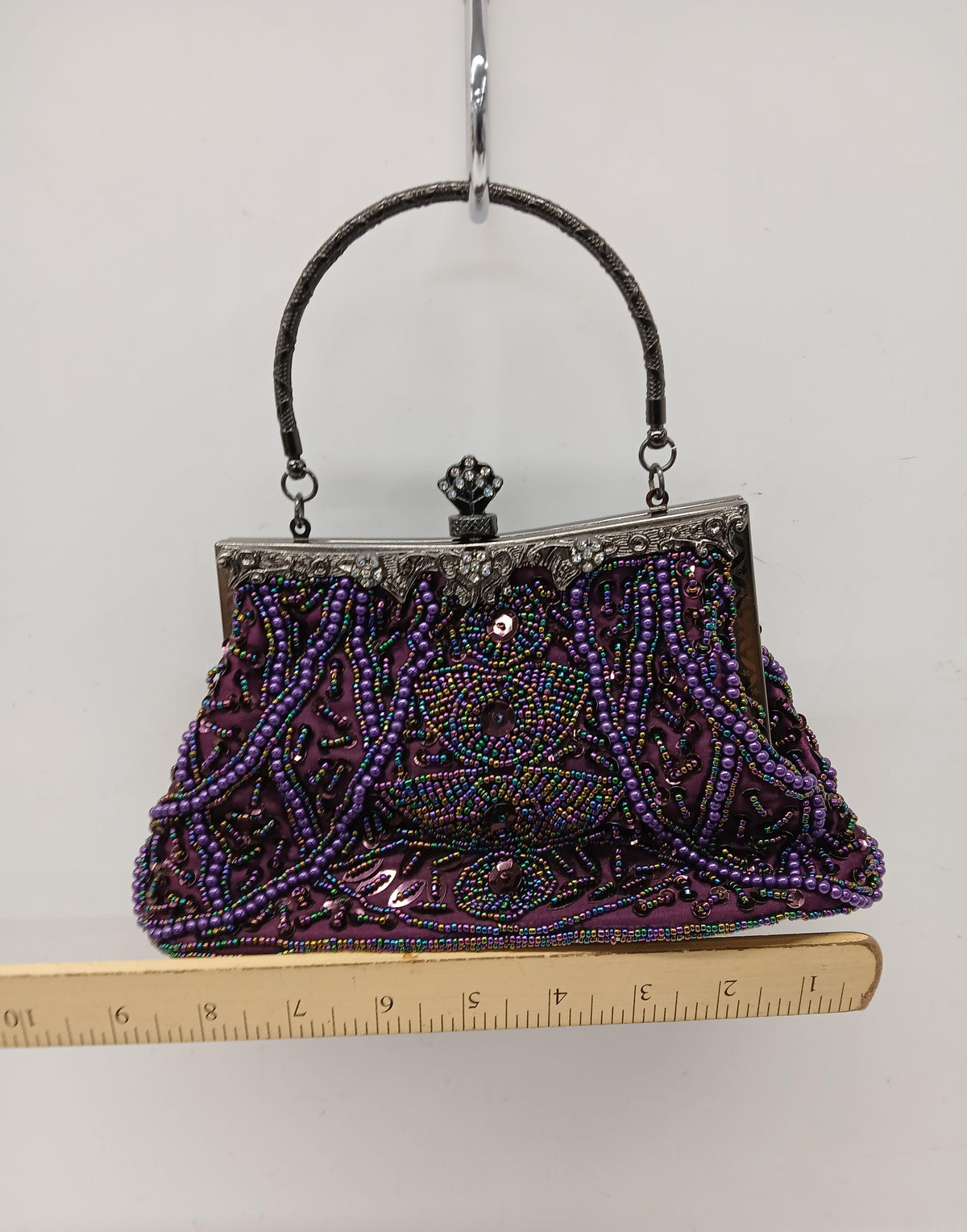 Purple beaded handbag with metal handle, view 2