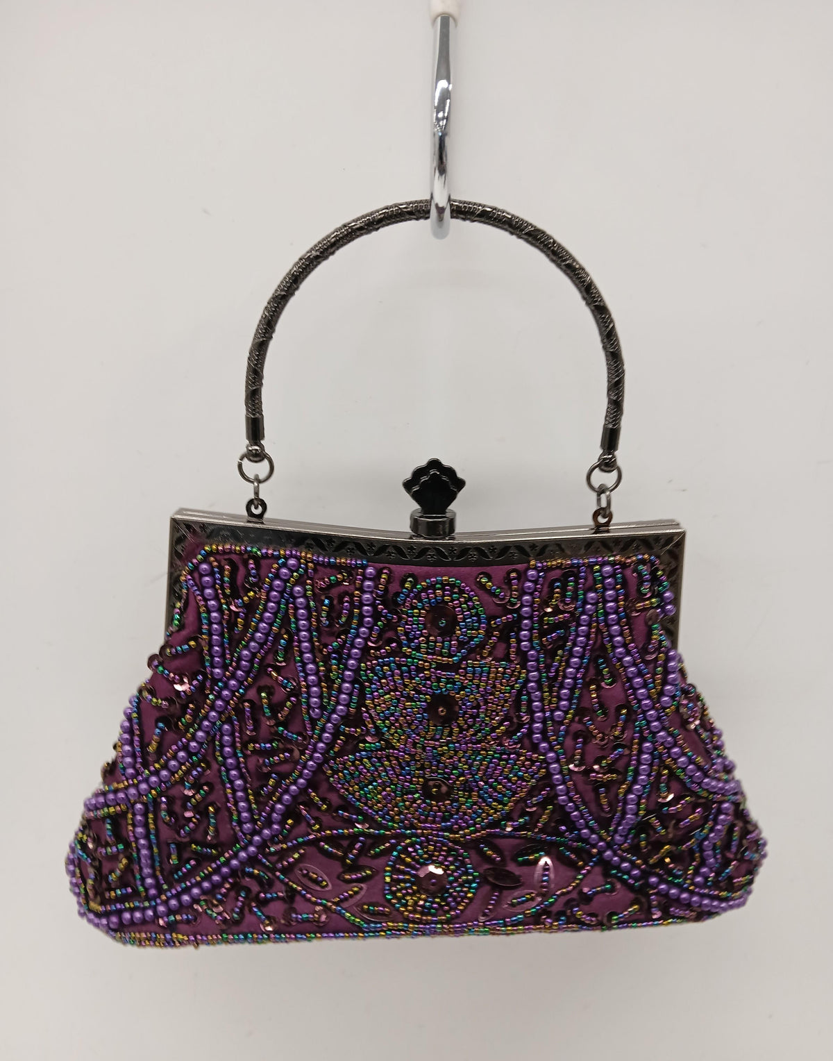 Purple beaded handbag with metal handle, view 4
