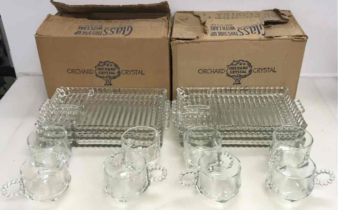 Clear pressed glass party set of ribbed trays and handled cups with original boxes, view 6