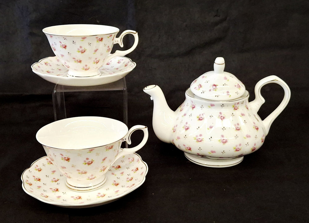 Vintage Park Chateau Porcelain Tea Set Floral Pattern Teapot Cups Saucers Original Box