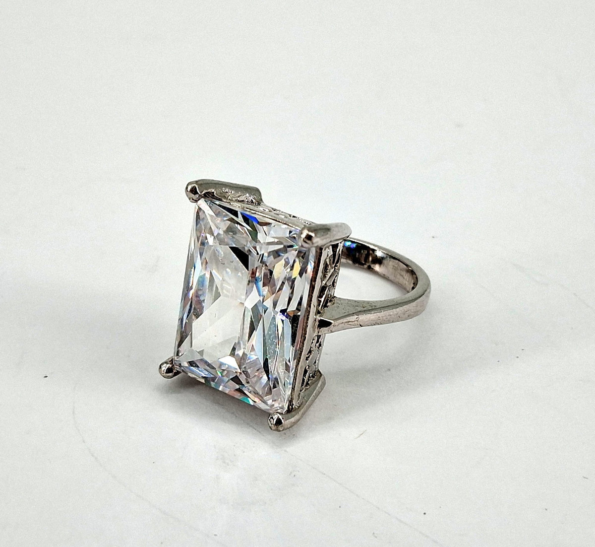 Silver-tone cocktail ring with large rectangle-cut clear center stone, view 2