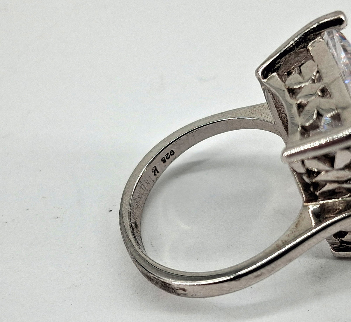 Silver-tone cocktail ring with large rectangle-cut clear center stone, view 5
