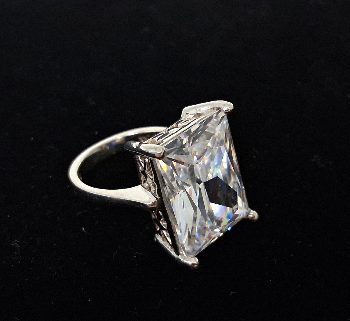 Silver-tone cocktail ring with large rectangle-cut clear center stone, view 6
