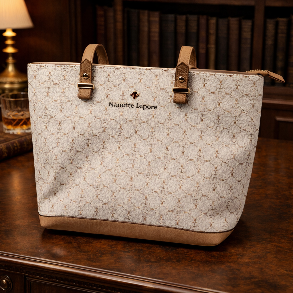 Nanette Lepore White Beige Logo Tote Bag Monogram Pattern Shoulder Bag