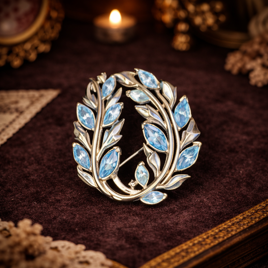 circa 1960s Crown Trifari Gold Tone Blue Enamel Leaf Wreath Brooch Botanical Pin Signed