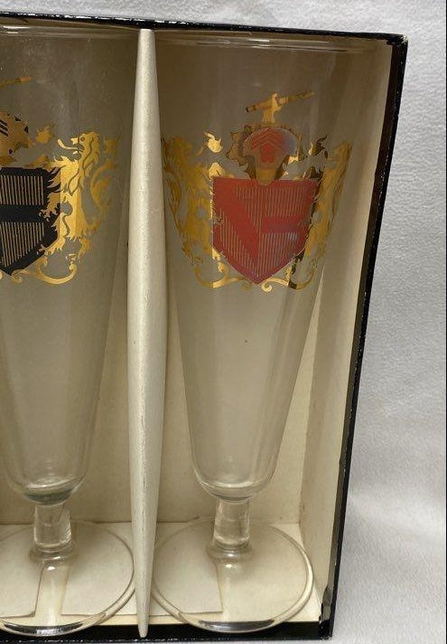 Vintage 1968 Federal Glass Camelot Coat of Arms Pilsner Glasses Boxed Set of 4