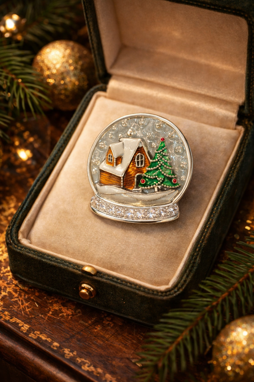 Signed Napier Christmas snow globe brooch with enamel cabin and tree scene and rhinestones