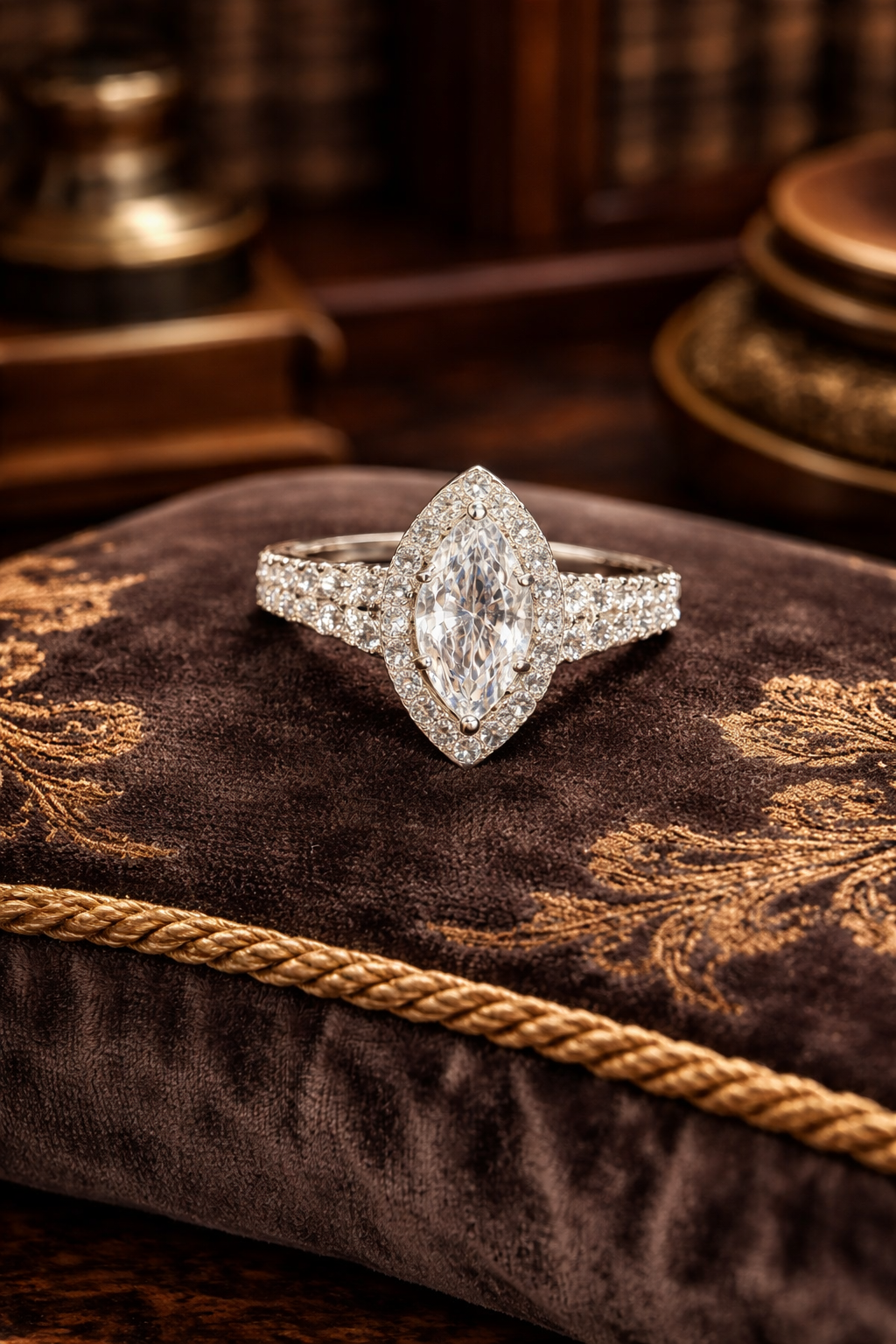 Silver Tone Clear Crystal Marquise Halo Ring Statement Bridal Inspired Design