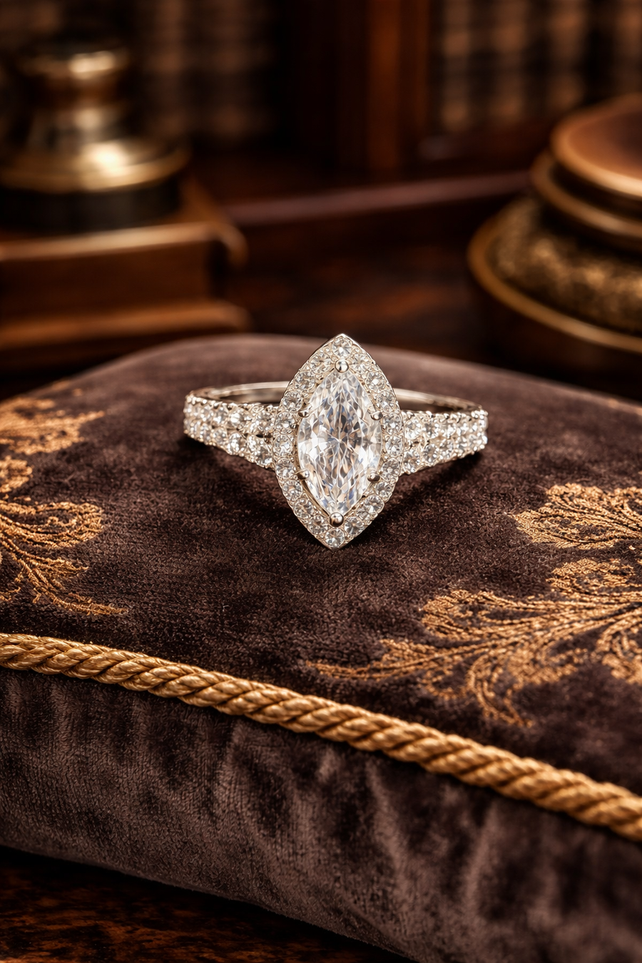 Silver-tone ring with marquise clear crystal center in a crystal halo