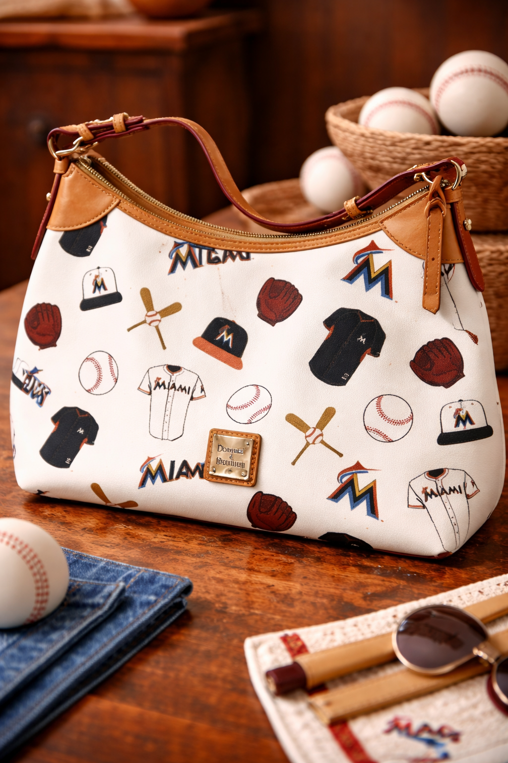 Dooney and Bourke white leather hobo with Miami Marlins baseball print