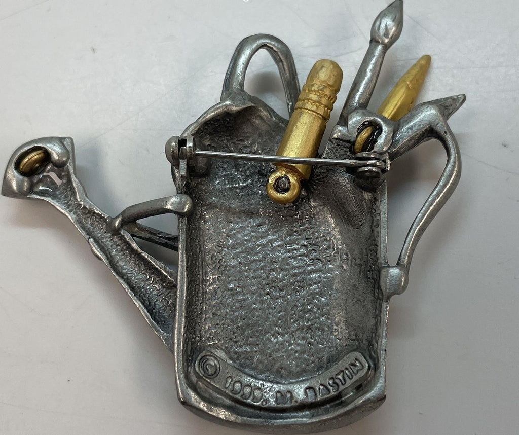 Marjolein Bastin 1999 Pewter Watering Can Brooch, Gold Tone Garden Tools Figural Pin