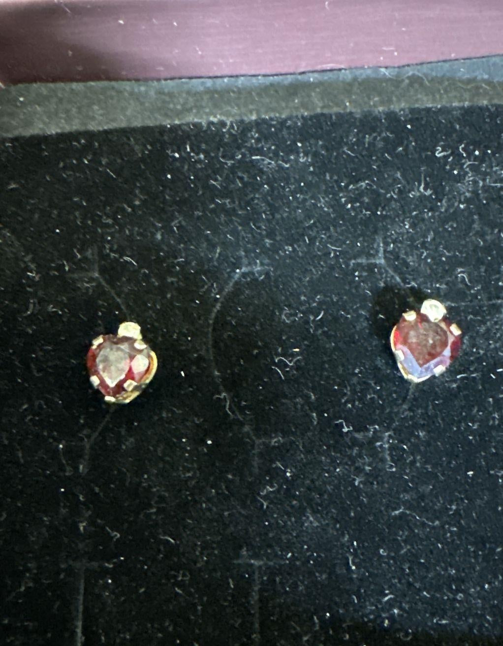 10K Yellow Gold Heart Post Earrings with Red and Clear Stones