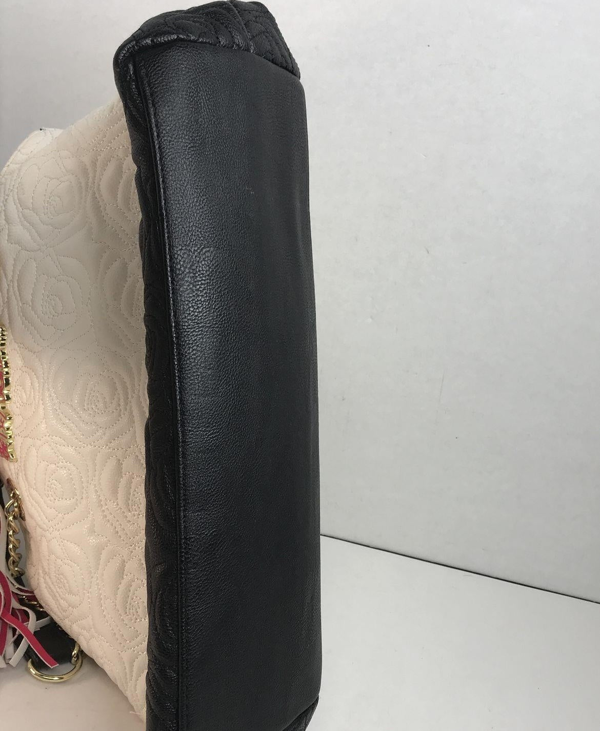 Betsey Johnson white quilted faux leather shoulder bag with rose and tassel, view 5