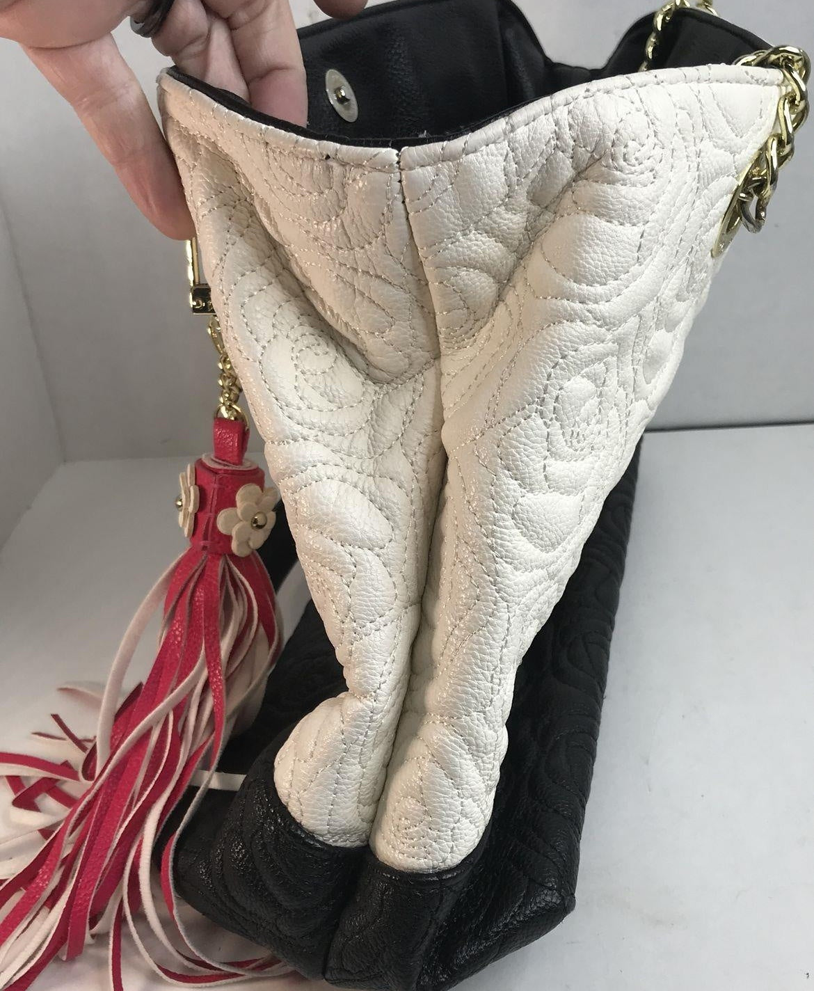 Betsey Johnson white quilted faux leather shoulder bag with rose and tassel, view 6