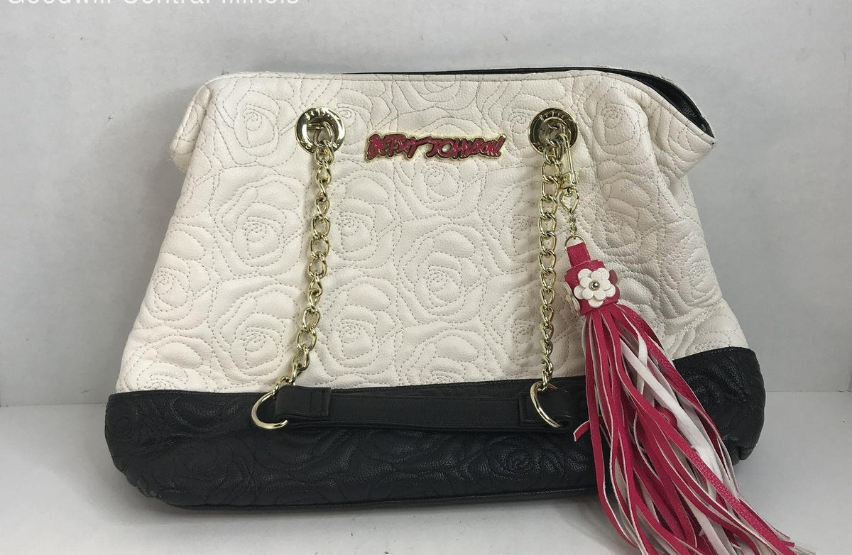 Betsey Johnson white quilted faux leather shoulder bag with rose and tassel, view 7