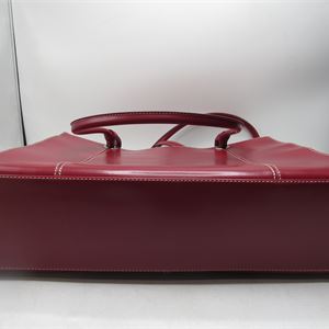 Red leather structured paneled tote with double top handles, view 2