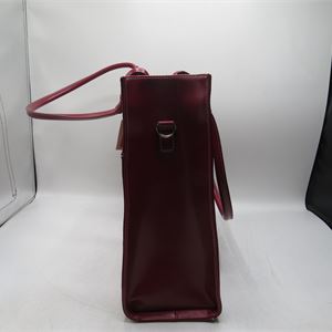 Red leather structured paneled tote with double top handles, view 7